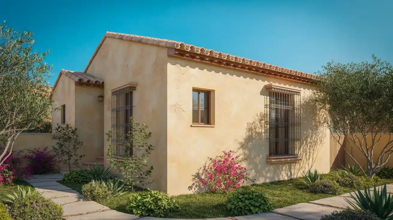 Stucco Spanish-style home with a terracotta roof, iron window grates, and vibrant landscaping under a bright blue sky