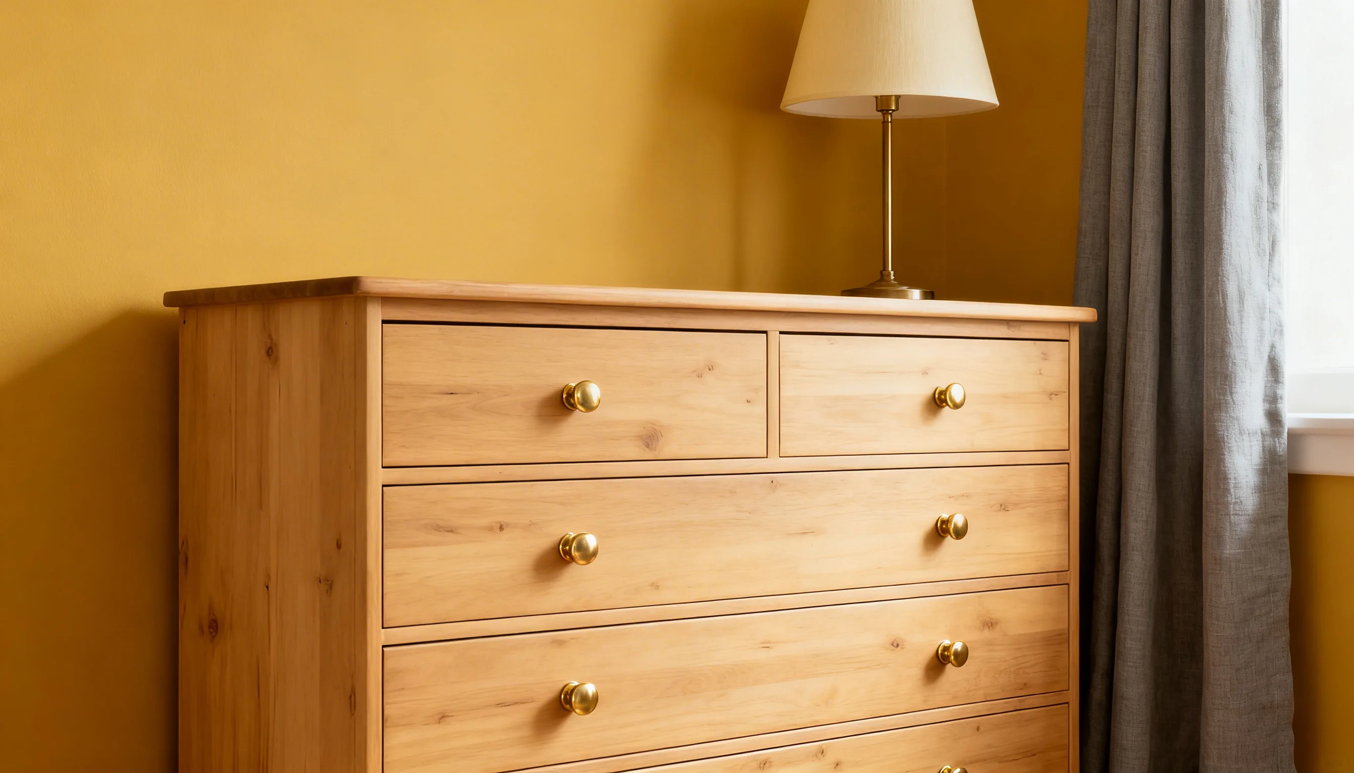 Light wood chest of drawers with brass knobs set against a mustard yellow wall next to grey curtains