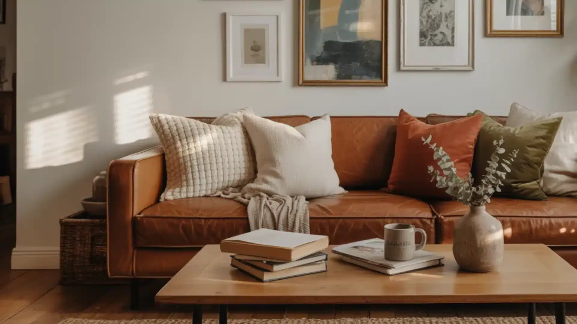living room with terracotta walls and a tan sofa uses a warm color palette interior design to create a warm atmosphere