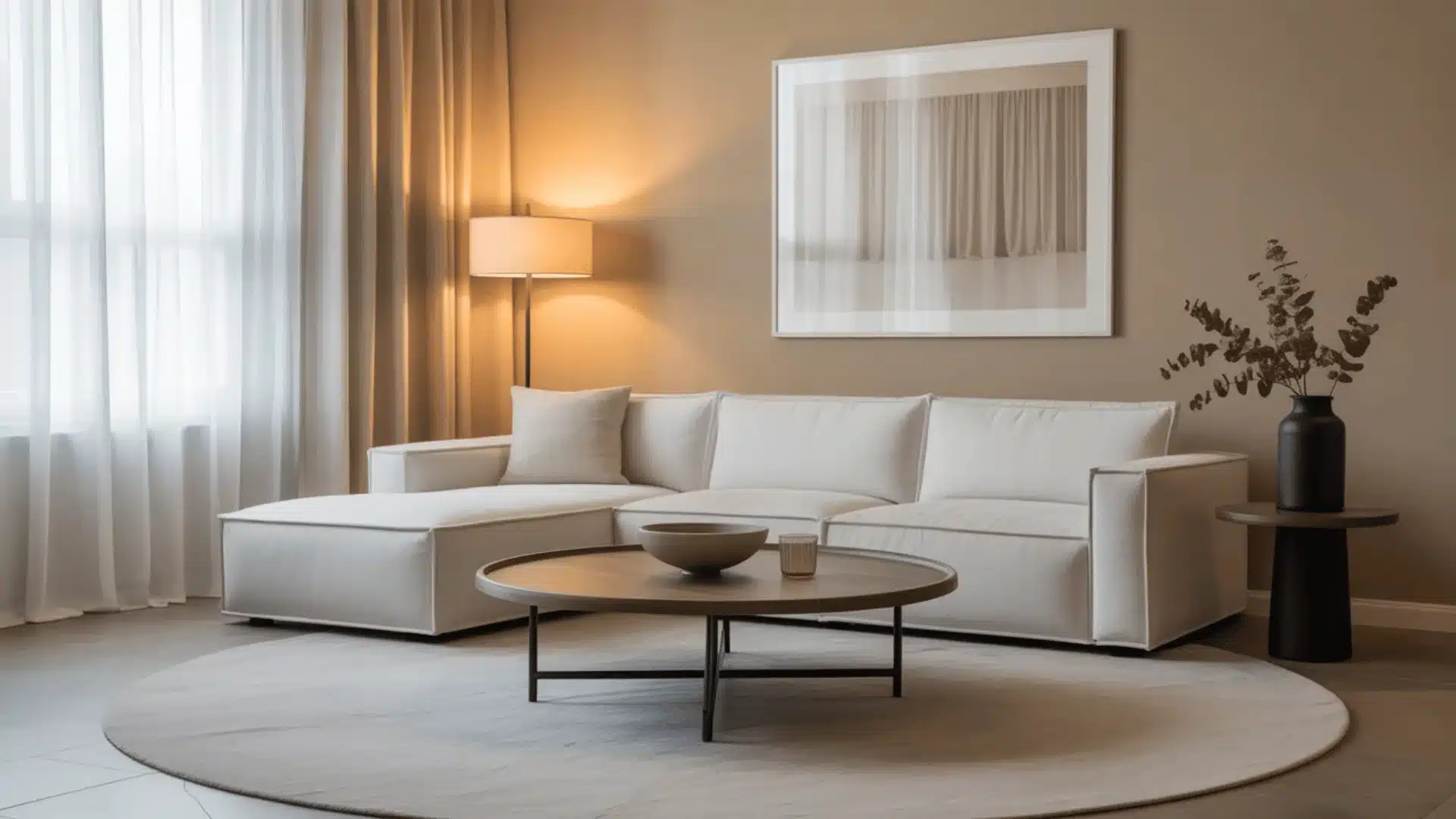 minimalist living room with beige sofa, round table, floor lamp, curtains, warm lighting