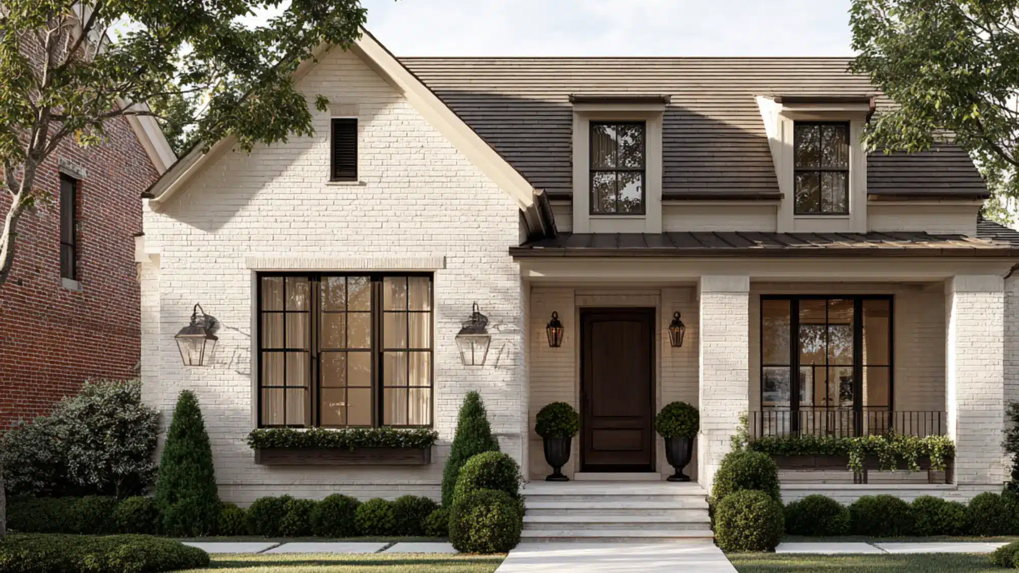modern beige brick home with a white columned entryway and dark windows surrounded by manicured green bushes and grass.