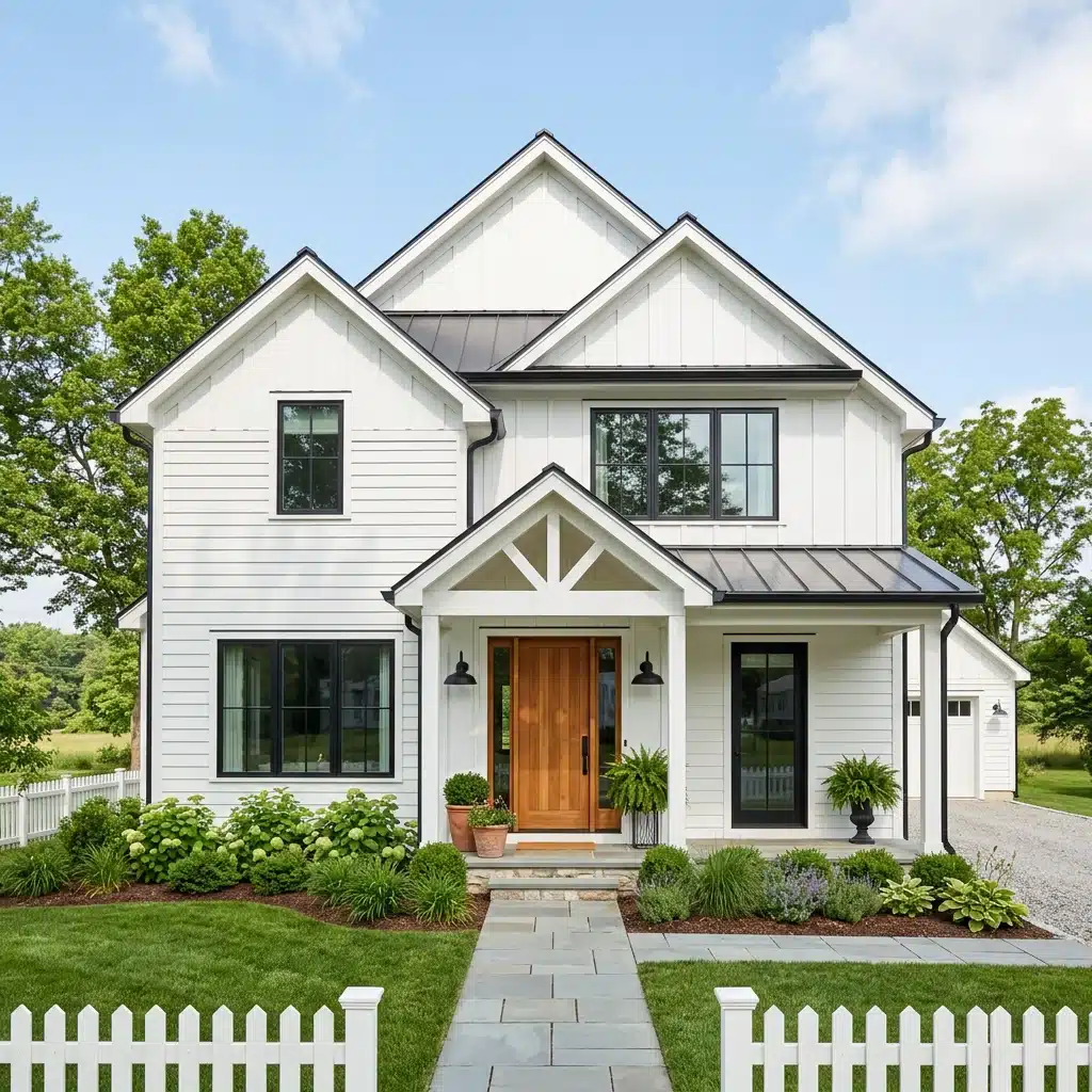 Modern farmhouse exterior featuring white siding, black window trim, a natural wood front door, and a gray stone walkway bordered by a white picket fence