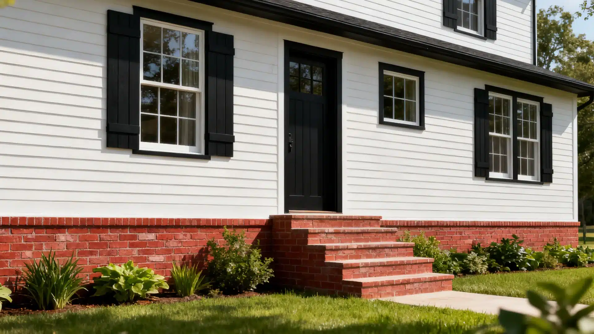 Modern farmhouse exterior with brick base and light siding creating contrast, balance, and a grounded observable appearance