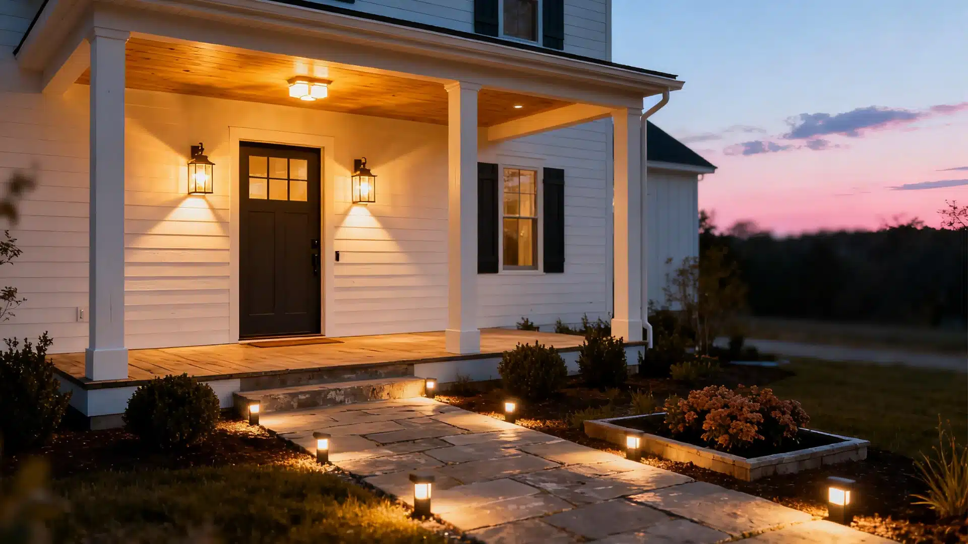Modern farmhouse exterior with cordial outdoor lighting, lanterns, and pathway lights enhancing details and curb appeal at night