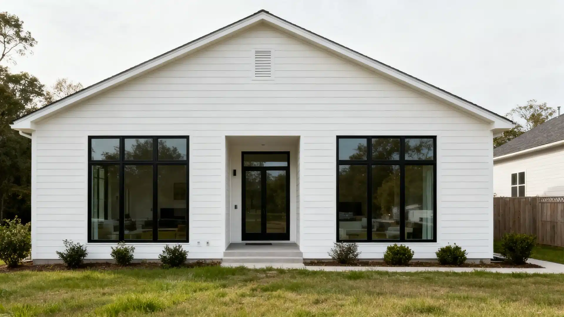 Modern farmhouse exterior with large glass windows and black frames, allowing natural light while maintaining a clean and practical design