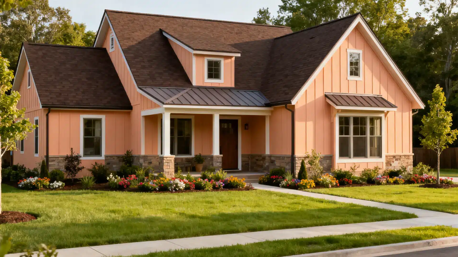 Modern farmhouse exterior with mixed rooflines and layered structure, adding visual appeal to the overall design