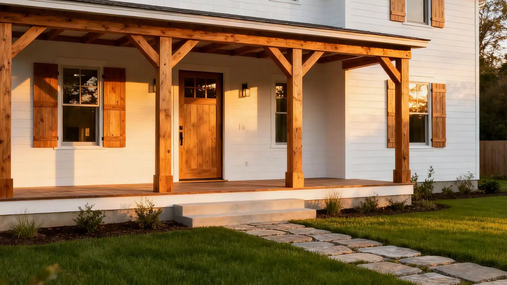 Modern farmhouse exterior with natural wood accents on doors and beams, adding texture to a clean white facade