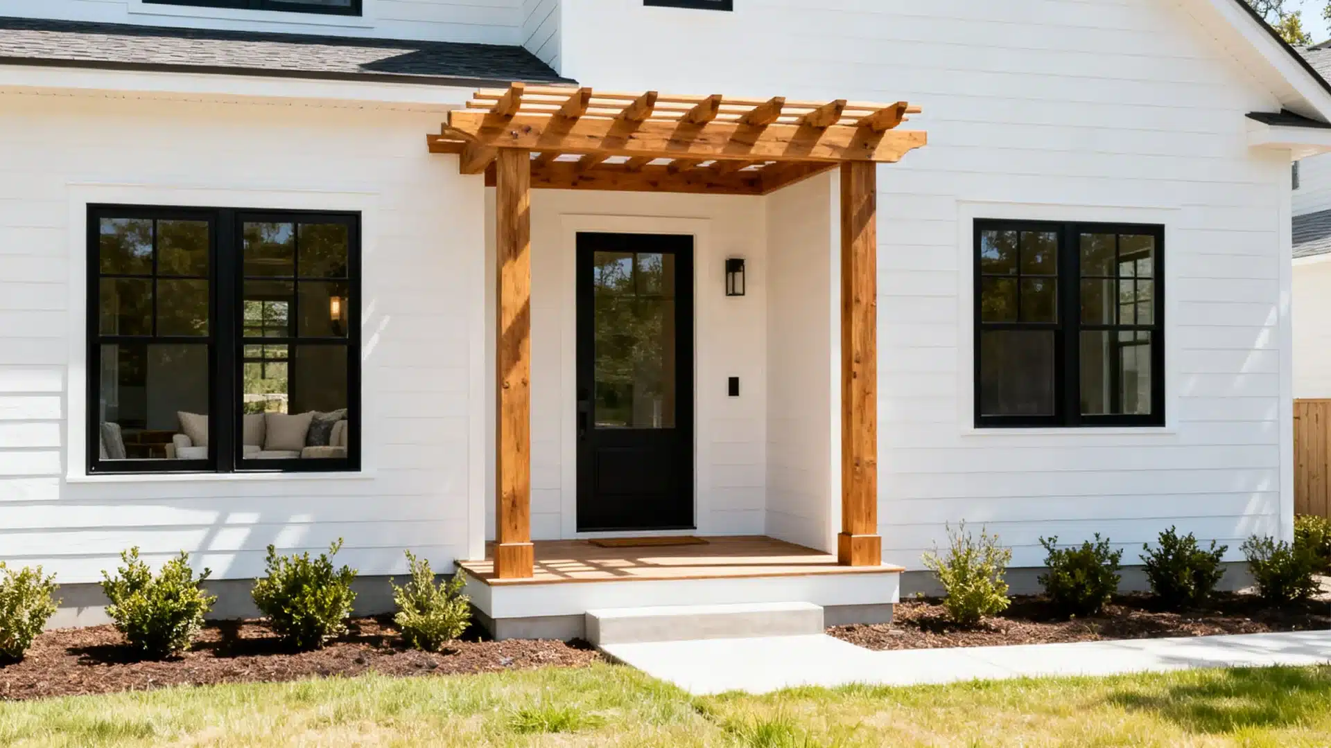Modern farmhouse exterior with pergola entry and wooden beams creating a simple focal point while keeping a clean design style