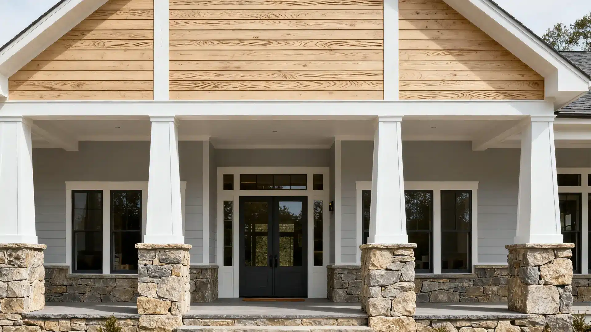 Modern farmhouse exterior with stone base and wood accents, creating a balanced and textured front facade