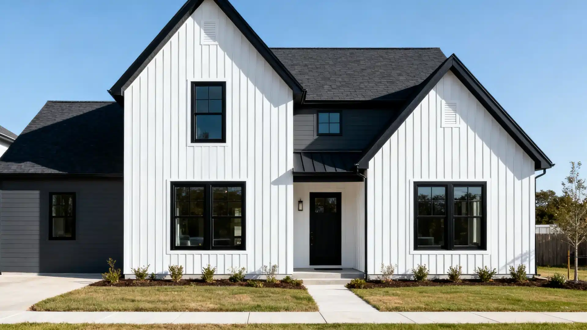 Modern farmhouse exterior with vertical siding and tall gables creating strong lines and added height to the overall design
