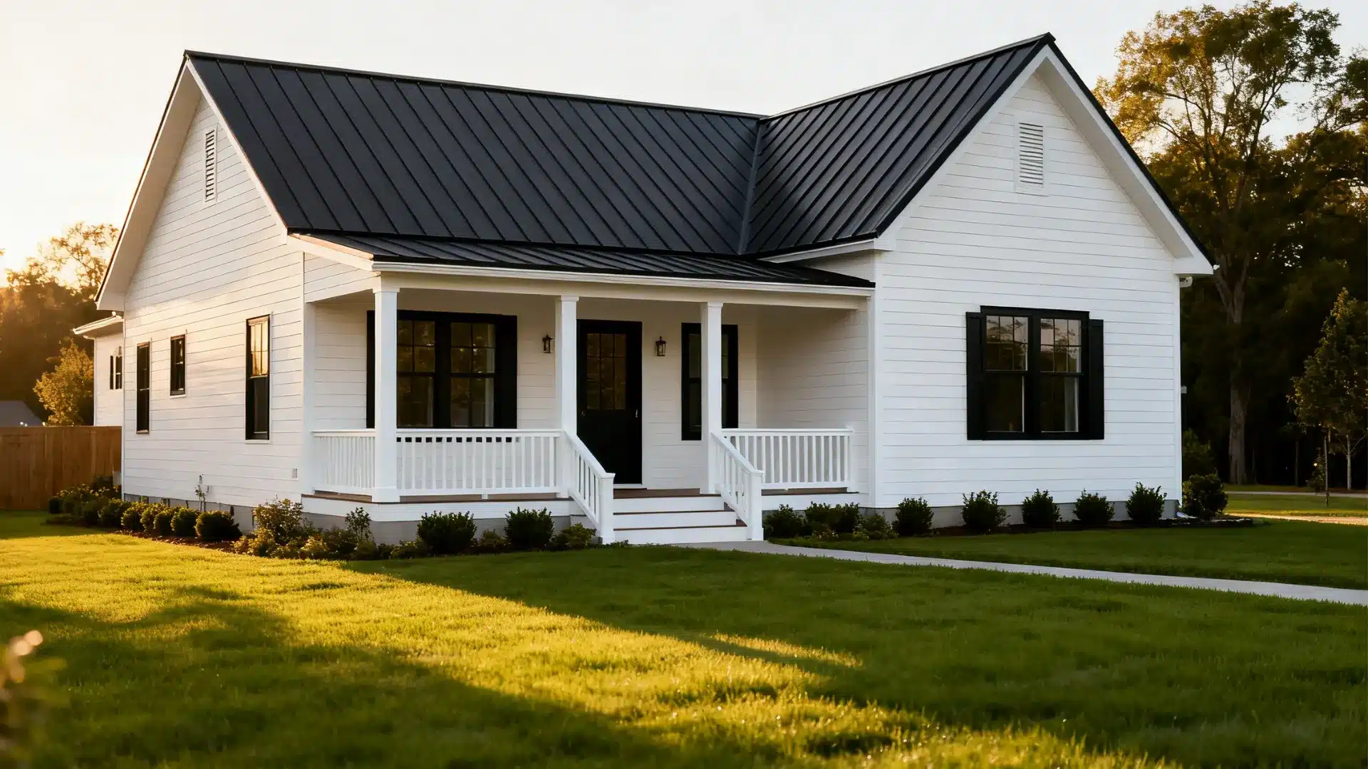 Modern farmhouse exterior with white siding and dark metal roof creating a strong contrast and durable, clean architectural appeal