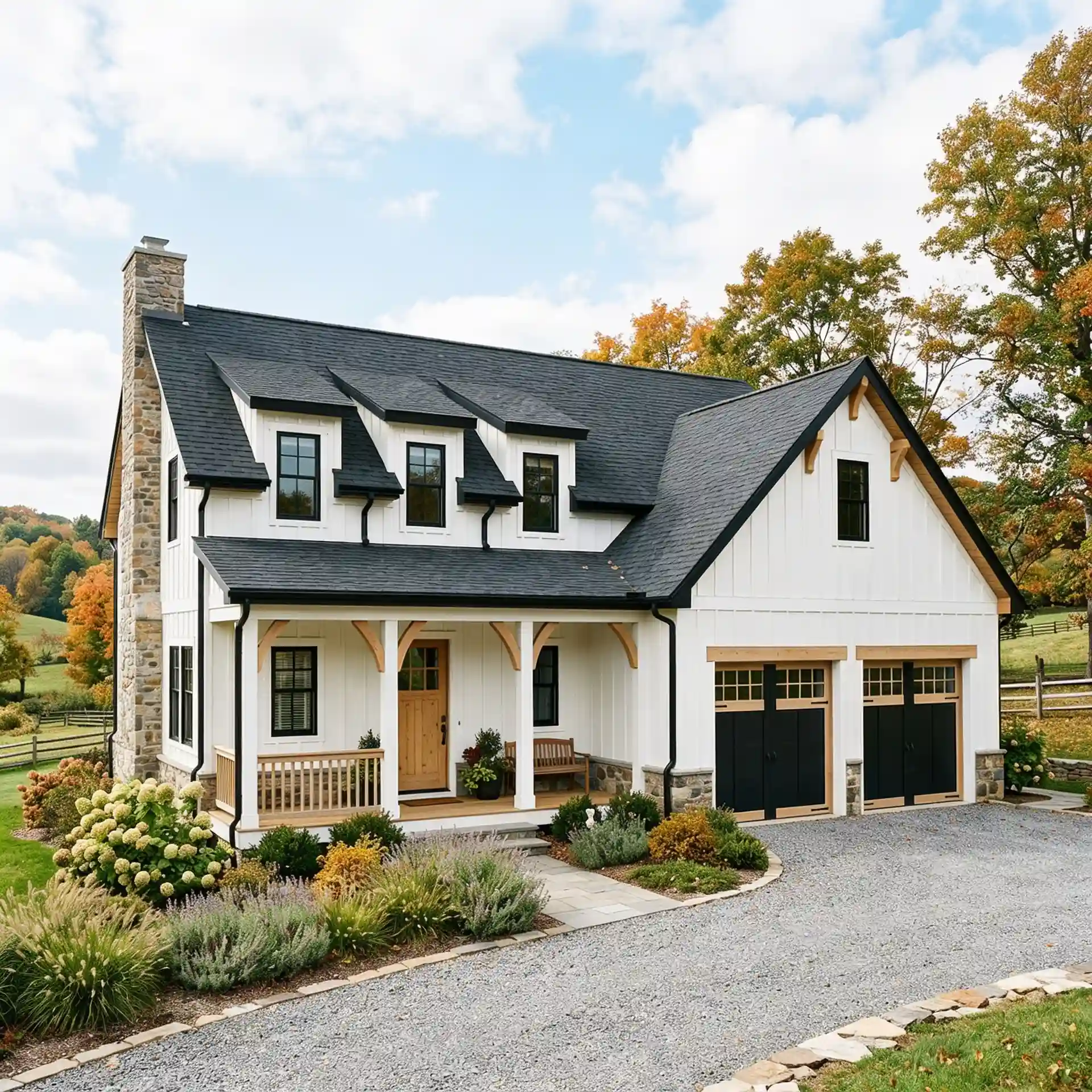 Modern farmhouse with white board-and-batten siding, a dark roof, stone chimney, and a front porch overlooking rolling hills in autumn