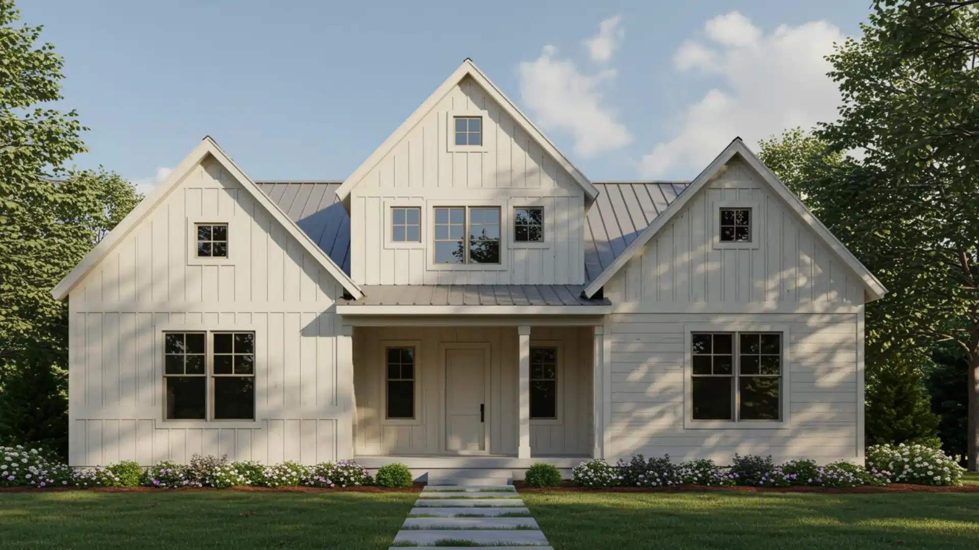 Neutral farmhouse exterior with beige and grey tones, simple windows, and minimal landscaping for a calm and understated look