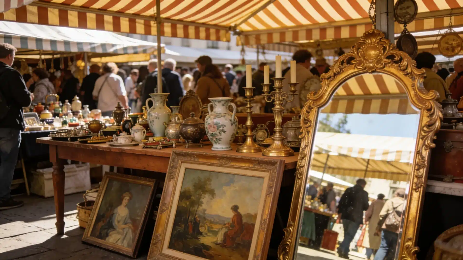 Outdoor antique market with striped canopy, vintage paintings, ornate mirror, ceramics, and shoppers browsing lively stalls