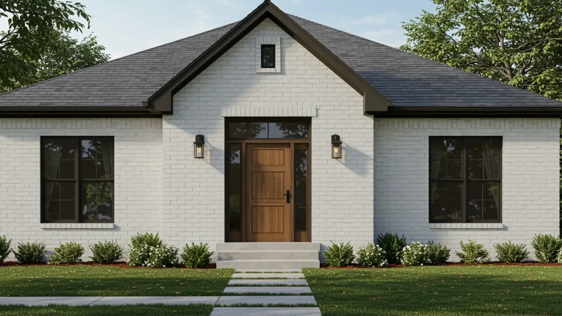 Painted brick farmhouse exterior in soft white with dark trim and a wooden door for a refreshed classic look