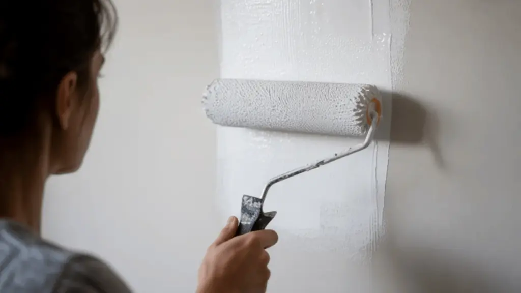 Person applying white paint with roller on wall, smooth even strokes, close-up painting process indoors