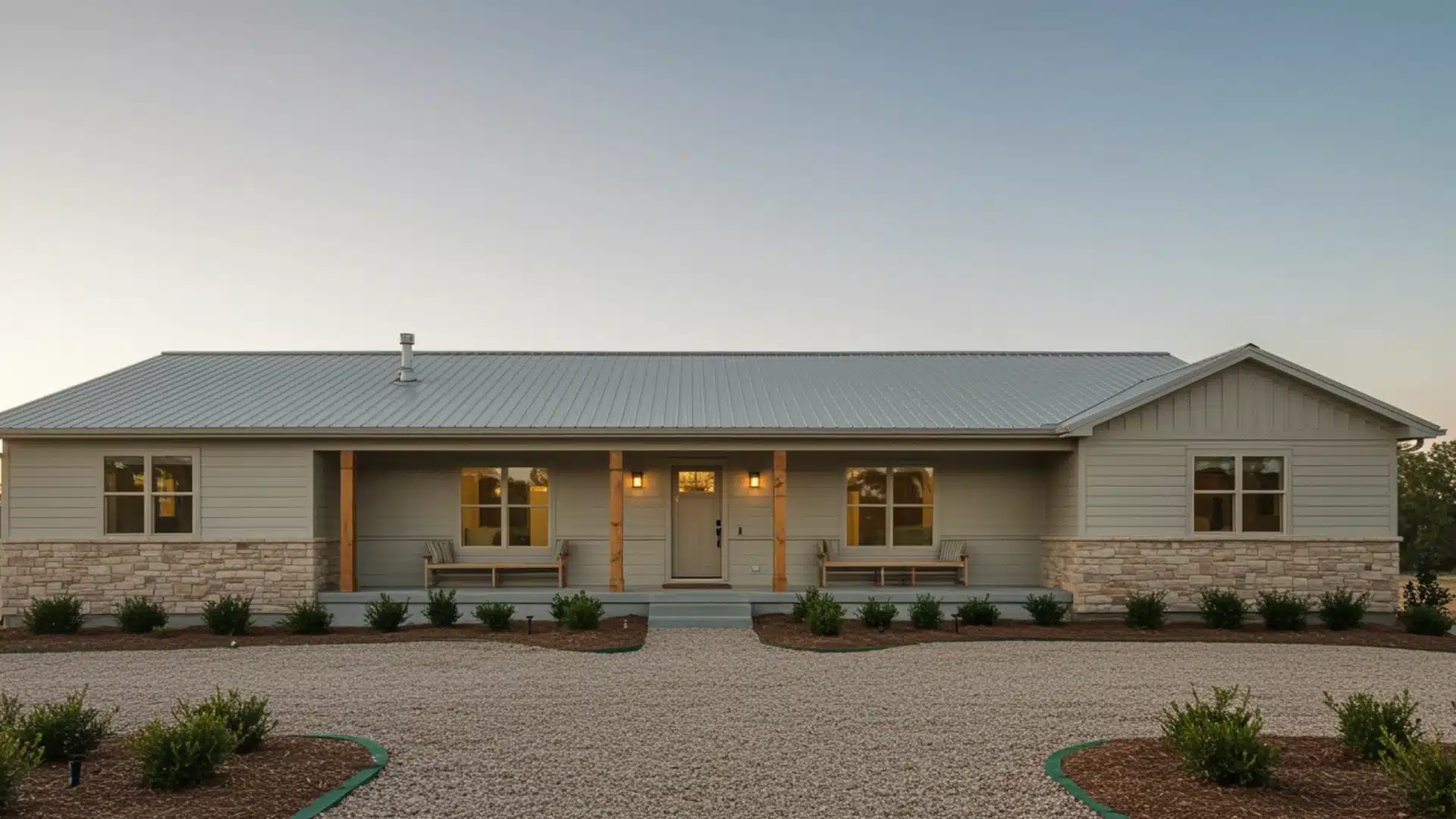 Ranch-style farmhouse exterior with wide layout, long rooflines, and a stone base set in a spacious front yard