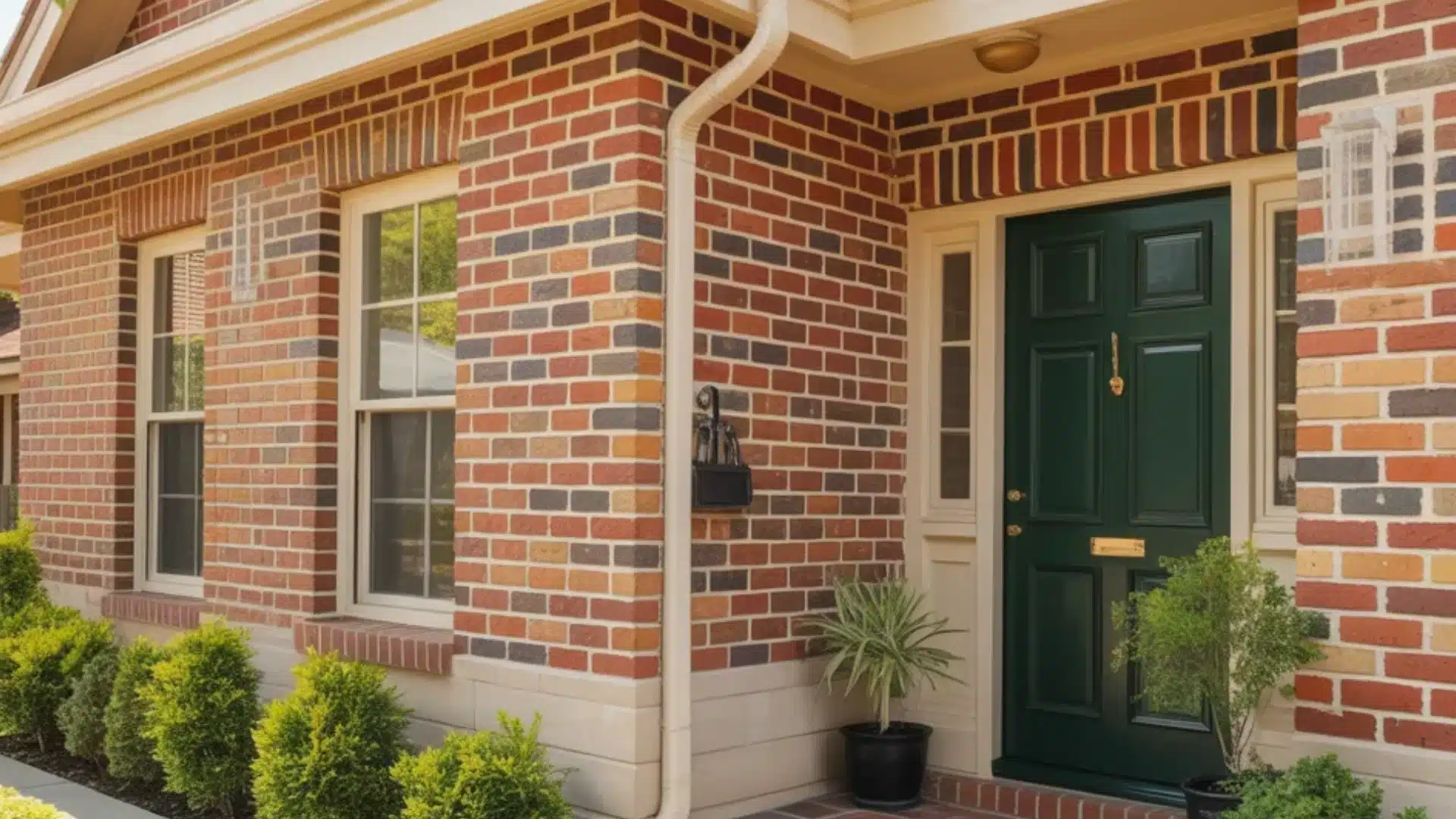 red brick house with dark green door and cream trim features small bushes and potted plants along a tidy front entrance