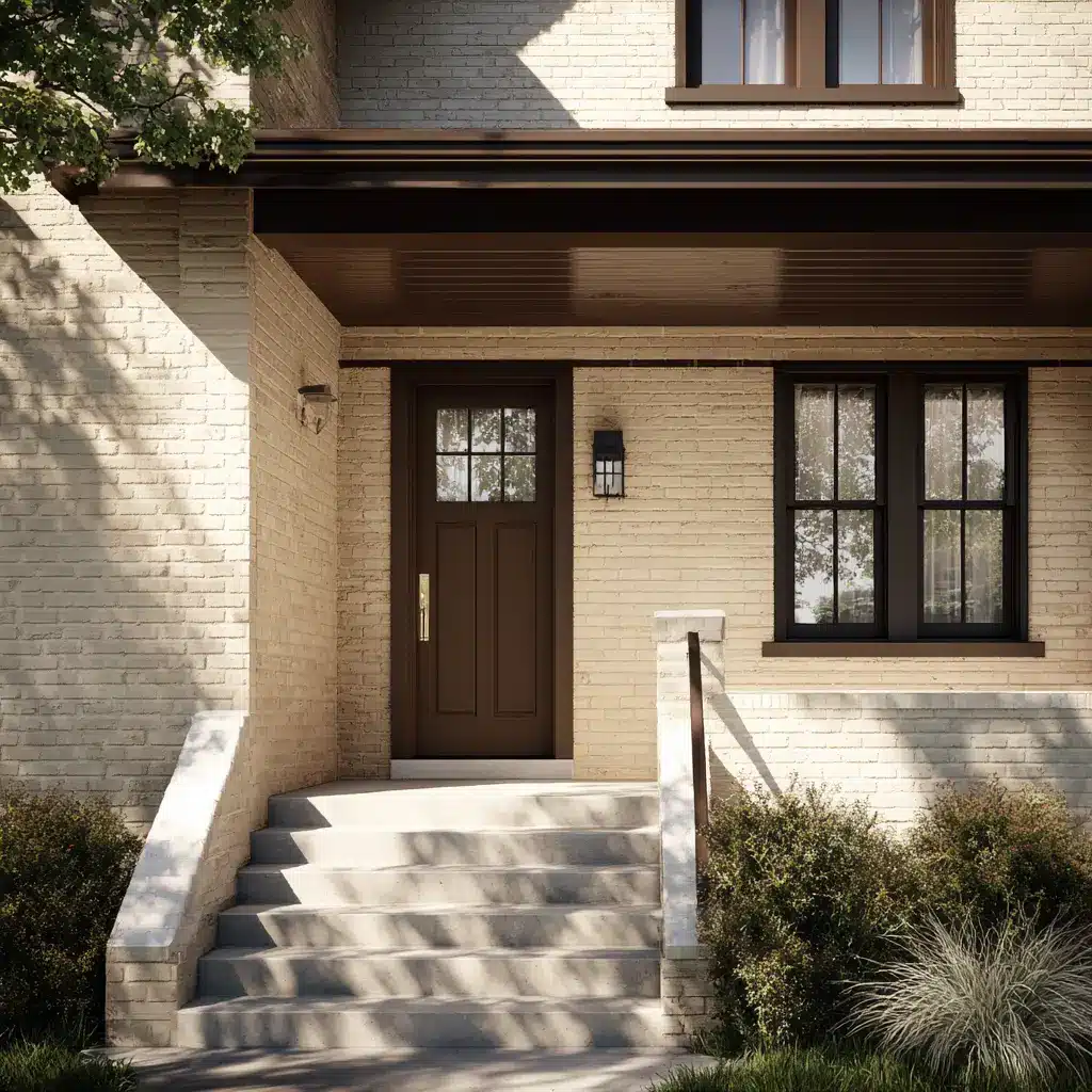 ront porch of a home with warm beige painted brick, dark brown window and roof trim