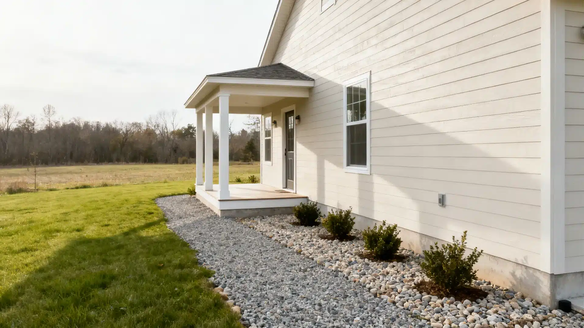 Simple farmhouse exterior with neutral siding and minimal landscaping featuring a gravel path and a clean, uncluttered design