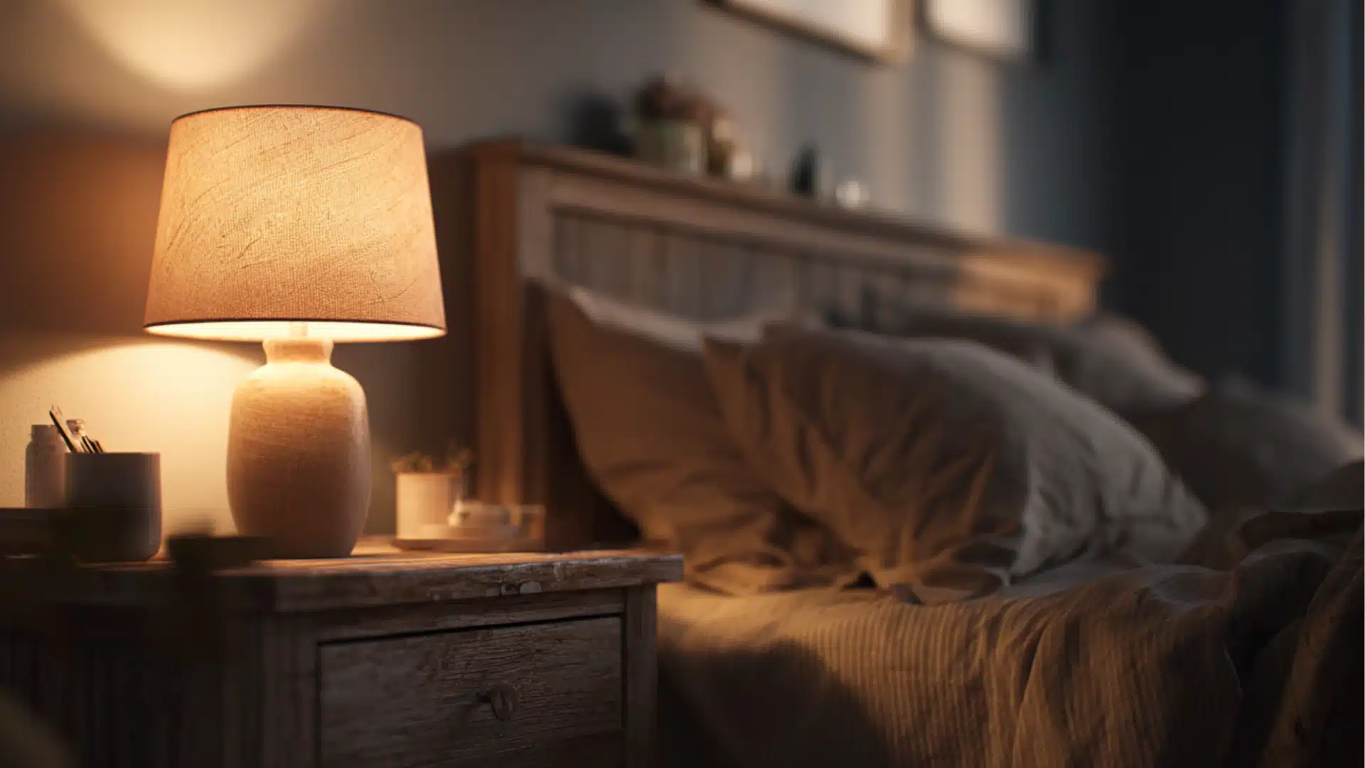 Softly lit bedroom scene with a glowing bedside lamp as the focal point, casting gentle light across a neatly styled nightstand and partial bed view with muted neutral tones (1)