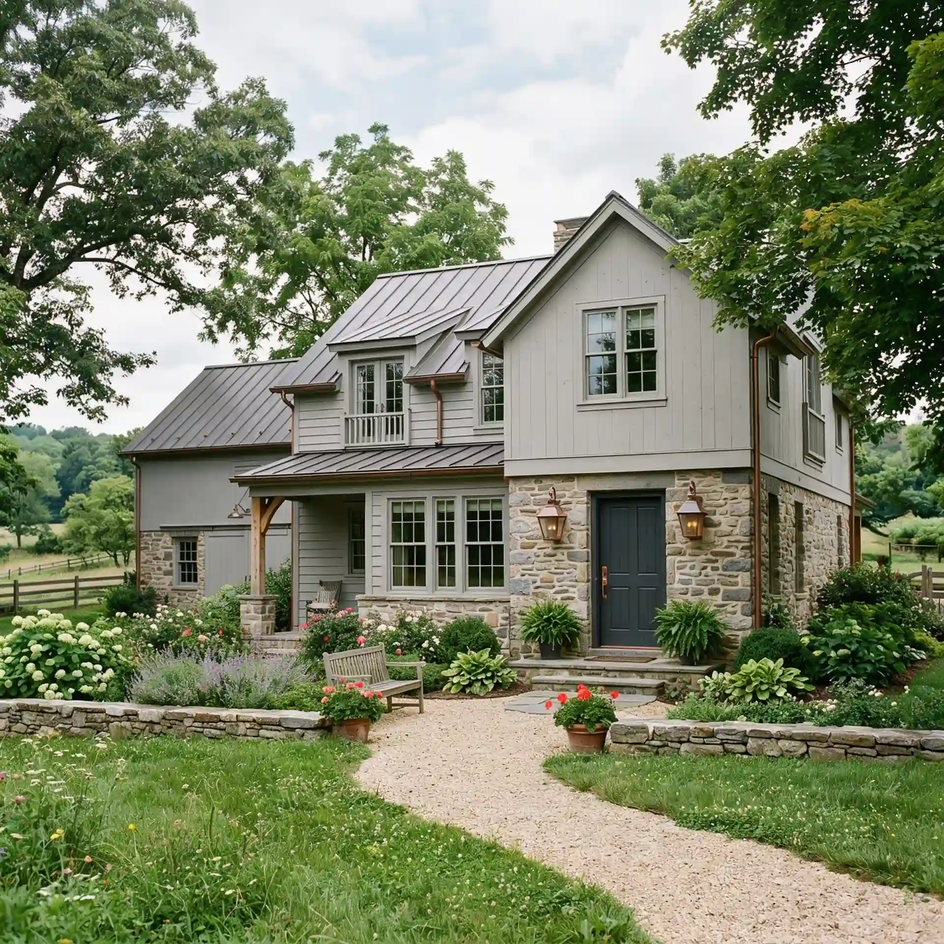 Stone and pale gray farmhouse with a metal roof, surrounded by lush green landscaping and a curving gravel path