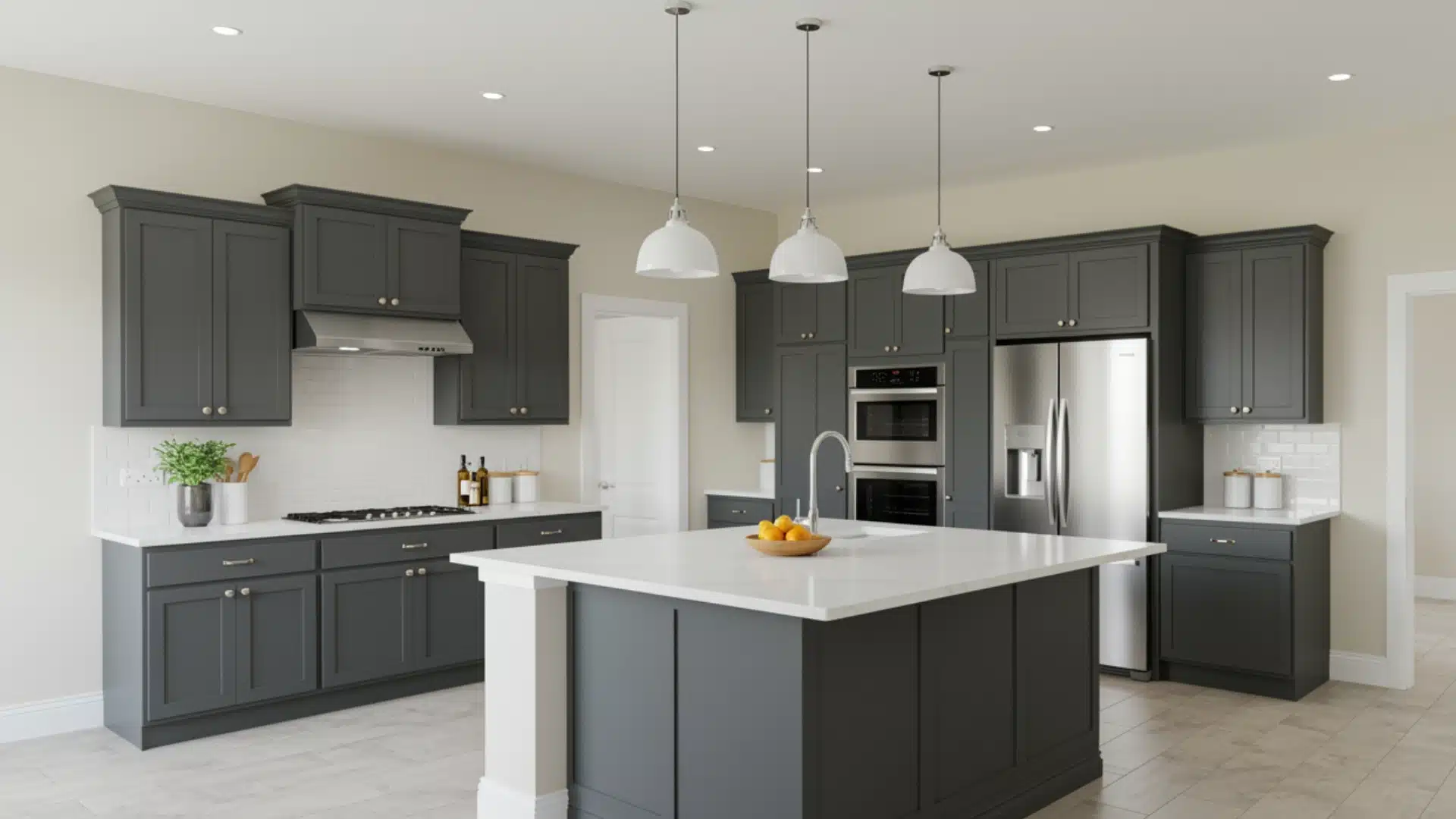 Stylish kitchen with charcoal gray cabinets and a white island, highlighting a contemporary alabaster and gray design