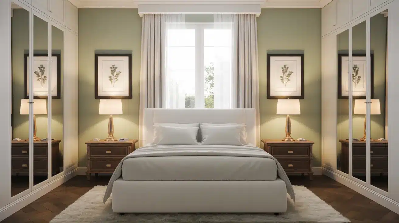 Symmetrical bedroom- white upholstered bed under large window, flanked by dark wood nightstands, lamps, botanical prints, mirrored closets