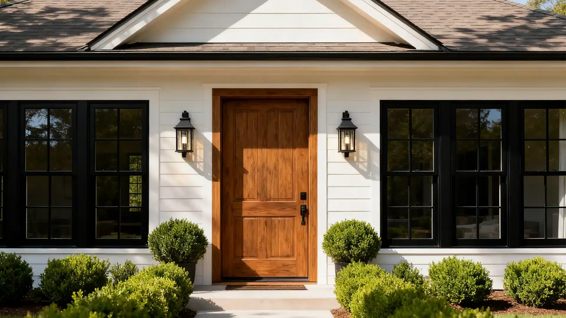 Symmetrical modern farmhouse exterior with centered entry, balanced windows, and matching elements creating a clean structured look