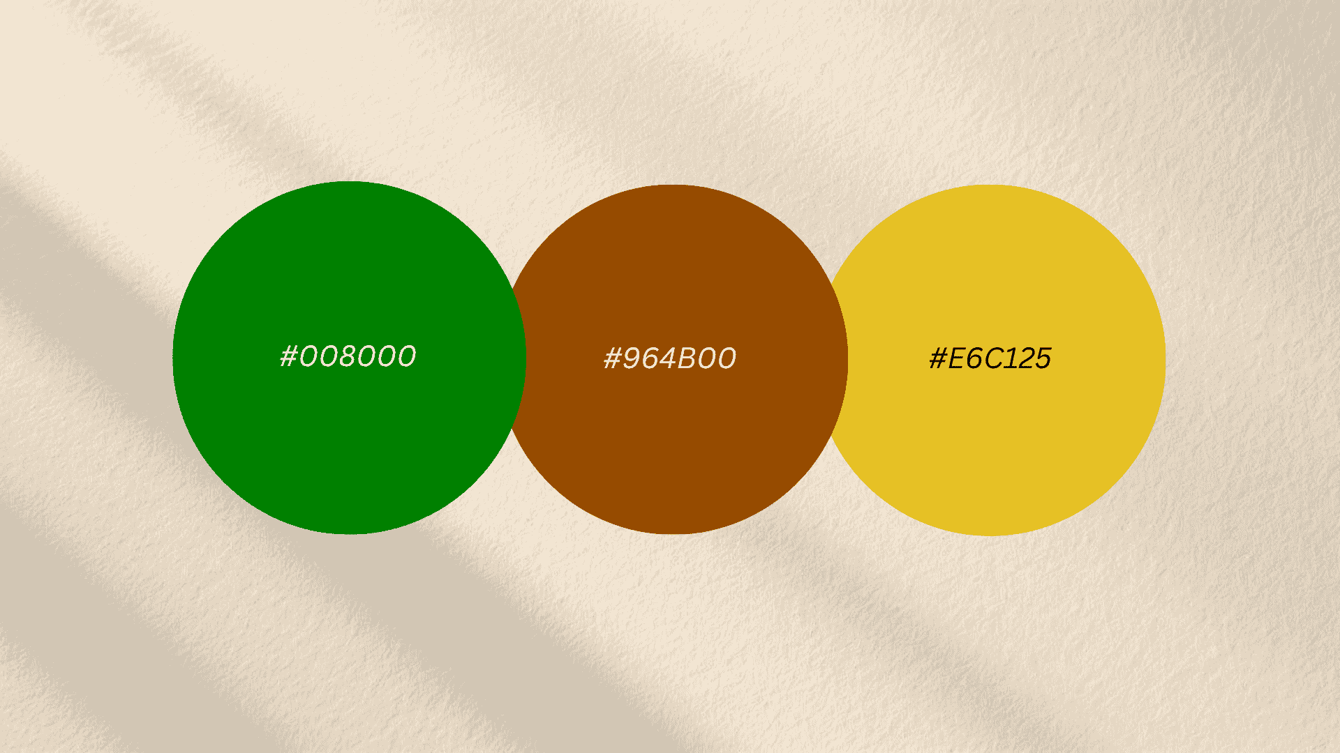 Three color swatches displaying hex codes 008000 (green), 964B00 (brown), and E6C125 (yellow) on a textured off-white background