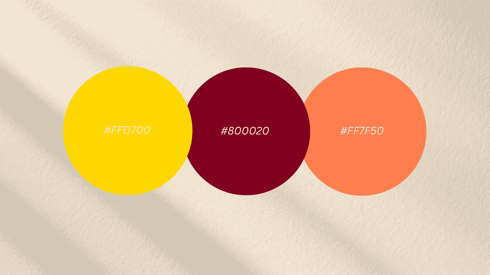 Three color swatches displaying the hex codes FFD700 (yellow), 800020 (maroon), and FF7F50 (coral) on a textured beige background