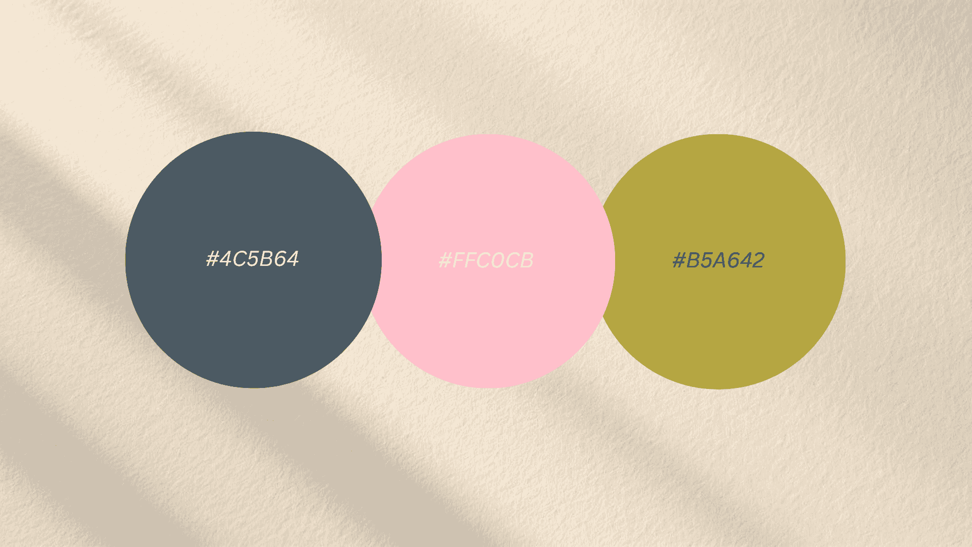Three color swatches showing dark blue (4C5B64), light pink (FFCOCb), and olive green (B5A642) on a beige textured background