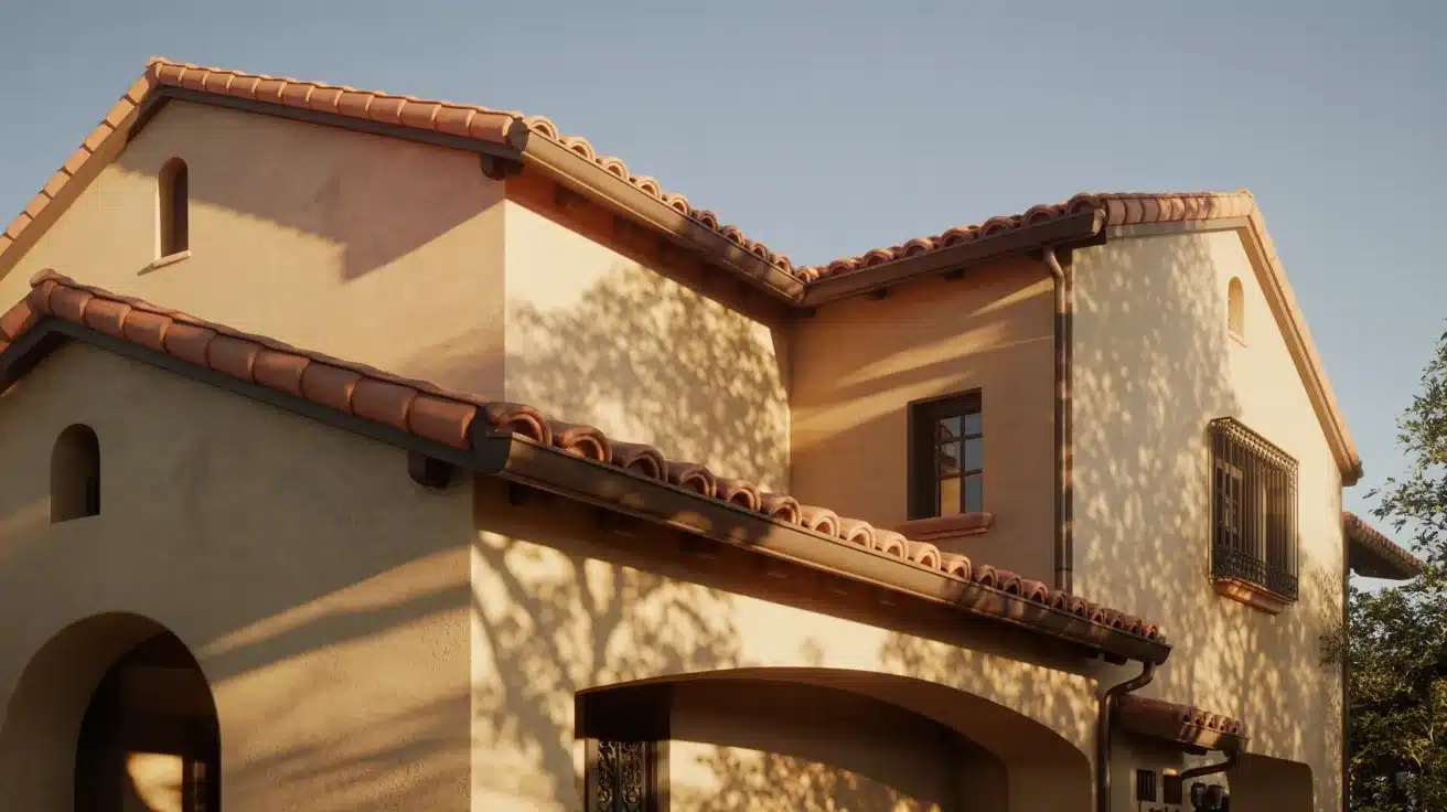Two-story stucco house exterior in Spanish Colonial style featuring a terracotta tile roof and dramatic afternoon shadows cast by nearby foliage, showing what is stucco