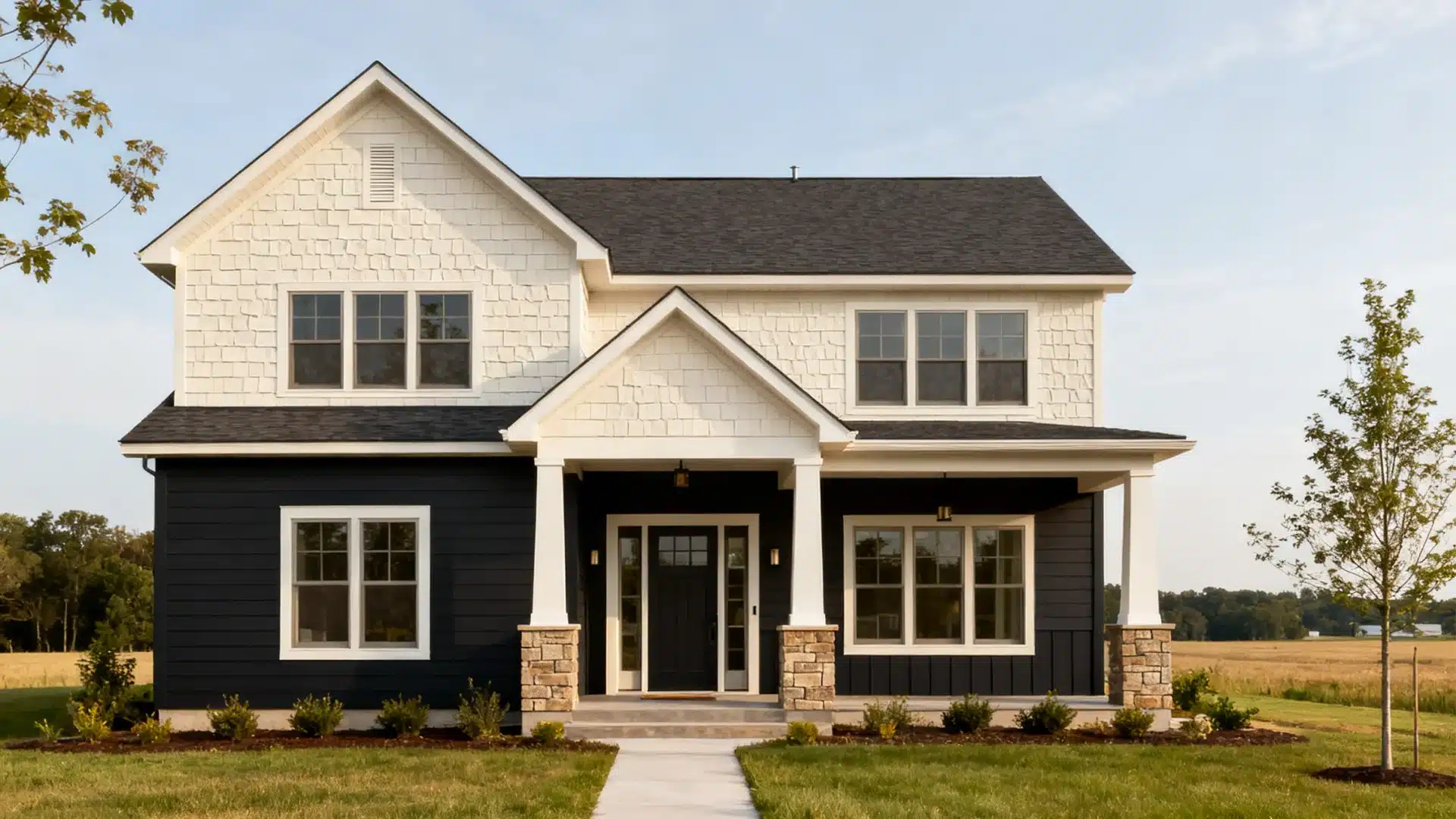Two tone farmhouse exterior with dark base and light upper siding creating contrast and visual depth