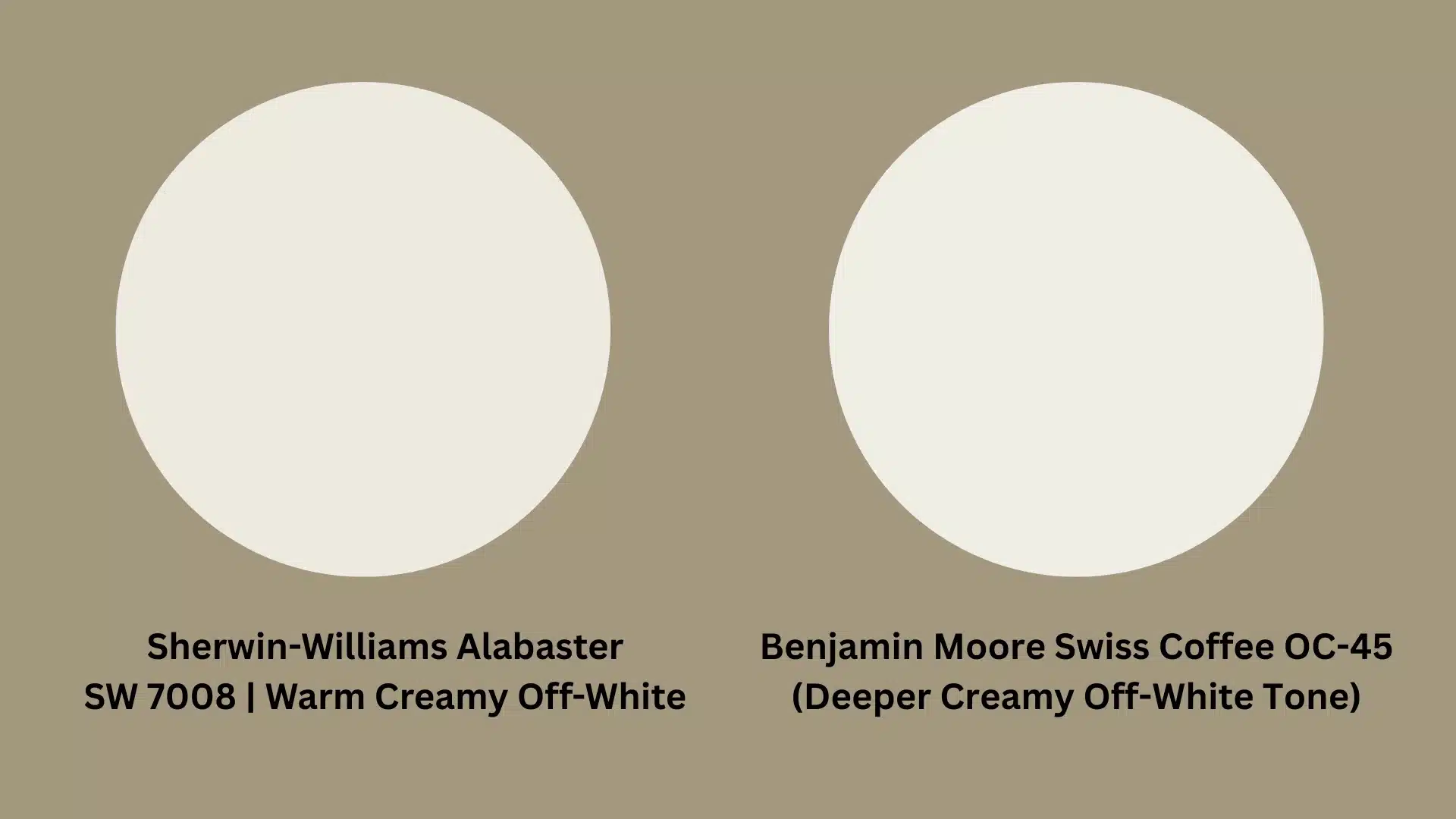 Two white circles displaying Sherwin Williams Alabaster vs Beige Moose Coffee for color comparison