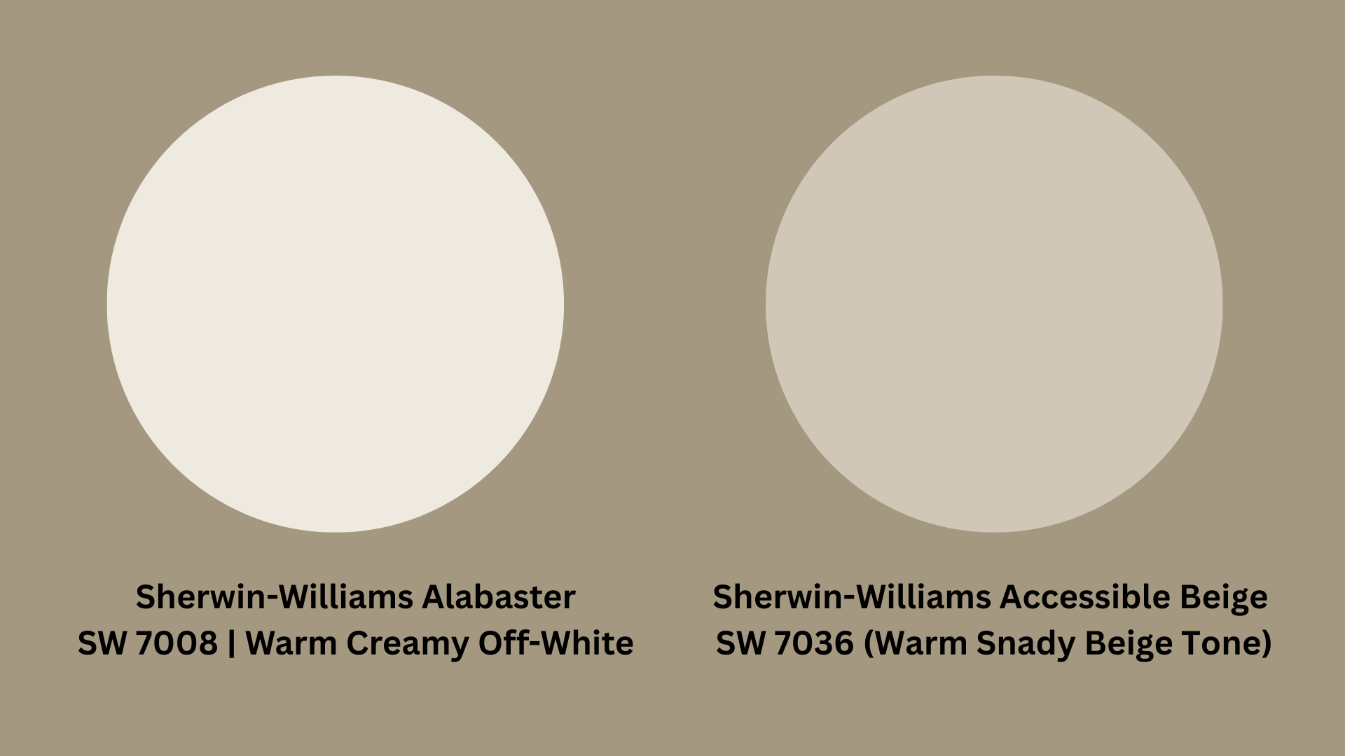 Two white circles displaying Sherwin Williams Alabaster vs Sherwin Williams Accessible Beige for color comparison
