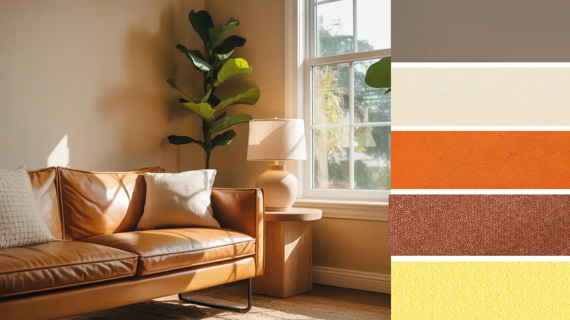 vibrant color wheel display features many shades of paint in a circle next to a white dining set and green potted plant