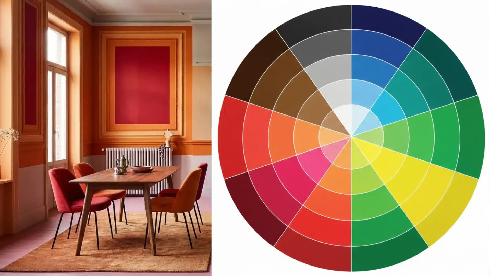 warm orange dining room with colorful chairs and a table next to a large vibrant color wheel showing various paint tones