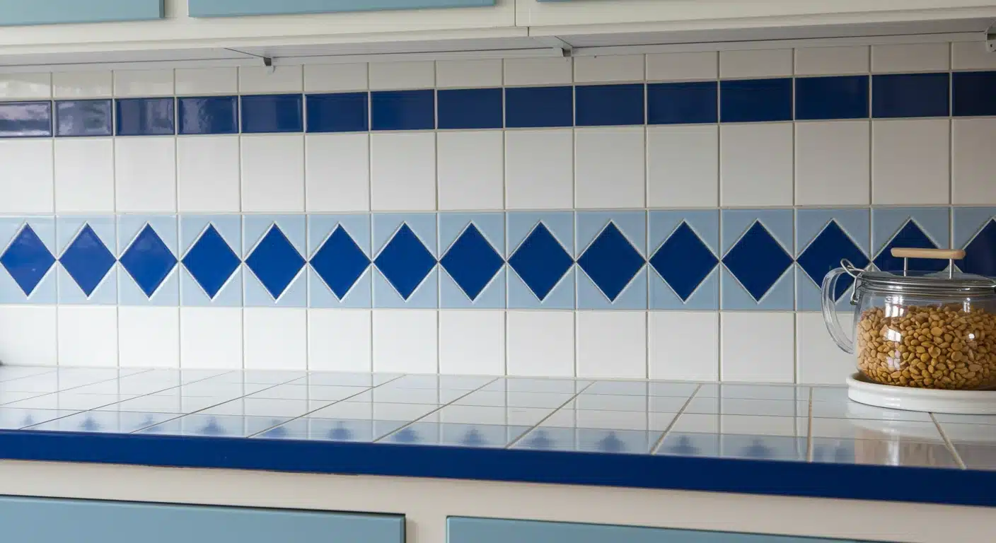 White and blue tiled kitchen backsplash and countertop featuring a decorative row of dark blue diamond tiles, with a glass jar of dried goods on the counter