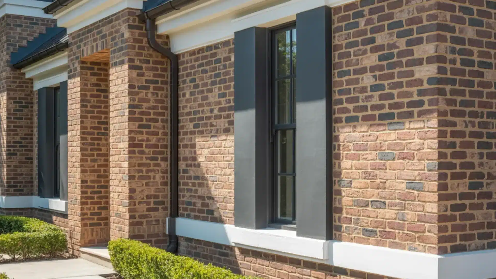 white brick house with dark window frames and a black door features green plants and a small lawn in a modern yard scene
