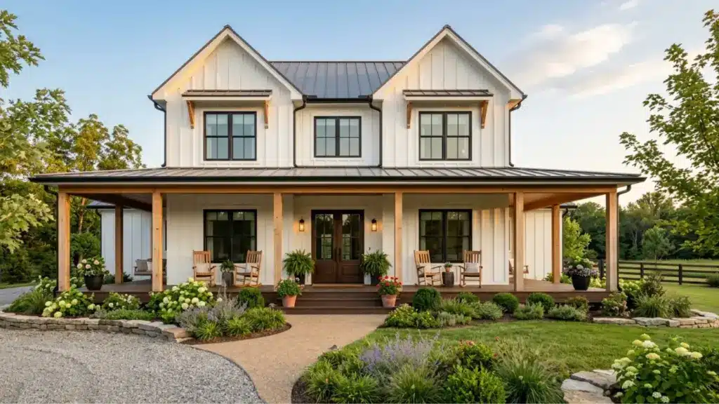 Wide angle modern farmhouse exterior with white siding, black trim, porch, and landscaped yard showing clean and balanced design style