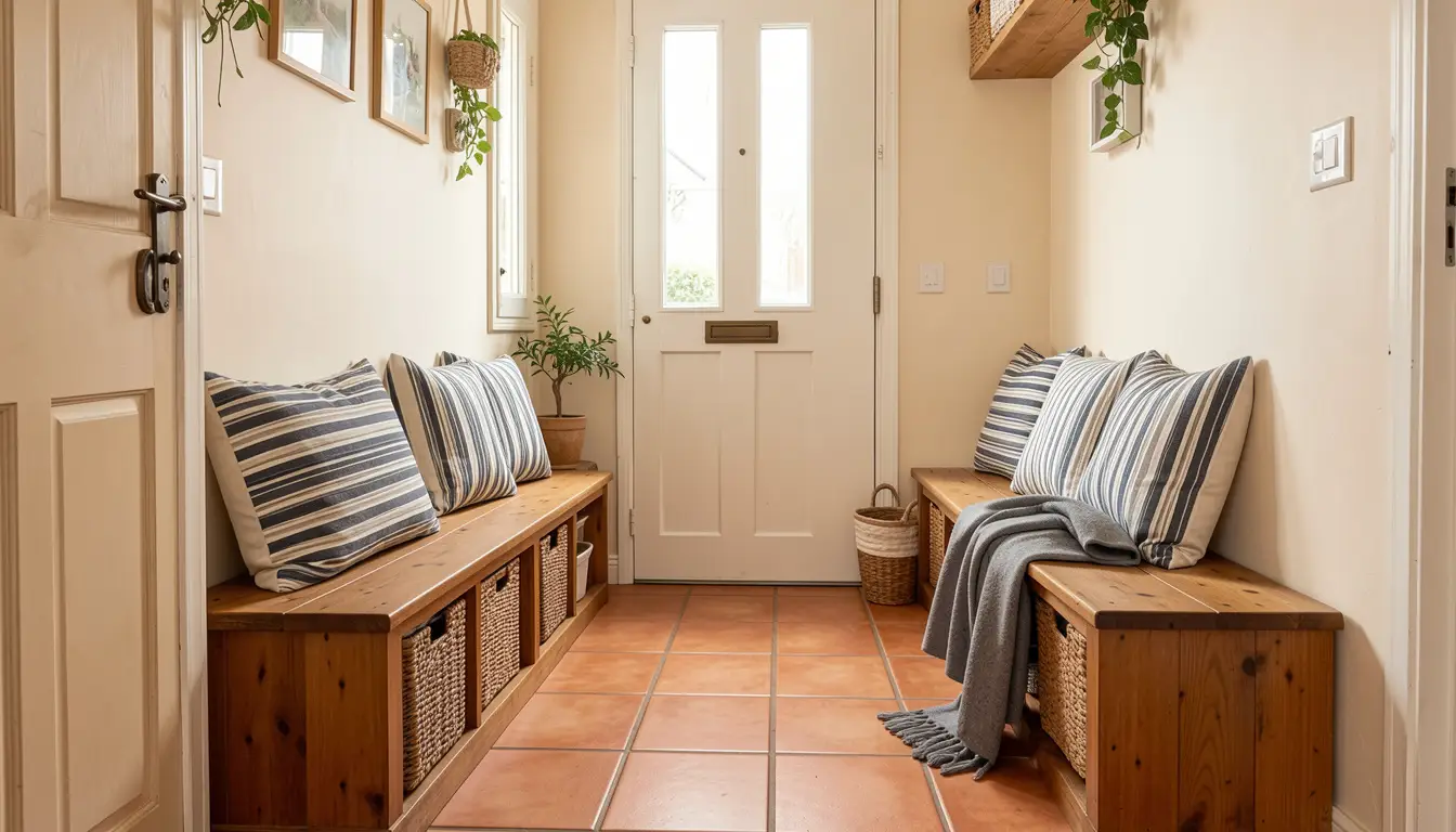 A cozy entryway with terracotta tile floors, a white front door, and built-in wooden storage benches topped with striped blue and white pillows.