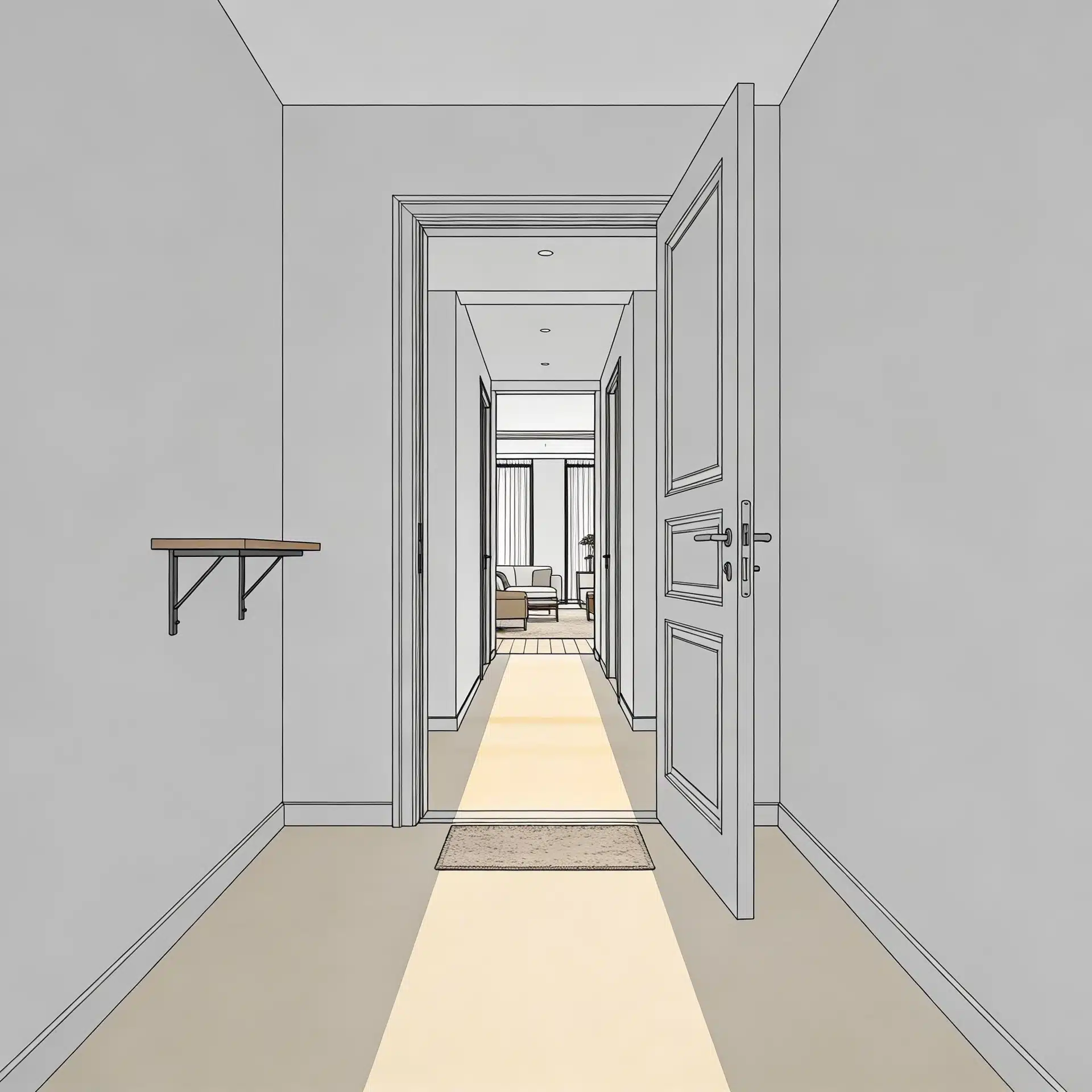 A drawing of a hallway featuring a door on one side and a shelf against the wall