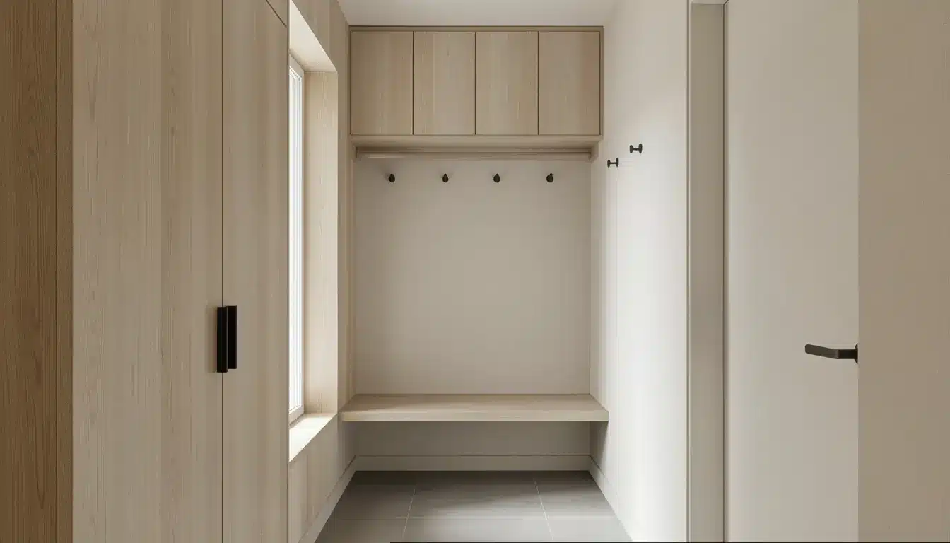 A minimalist entryway featuring light wood built-in cabinets, a recessed seating nook with coat hooks, and a light gray tiled floor