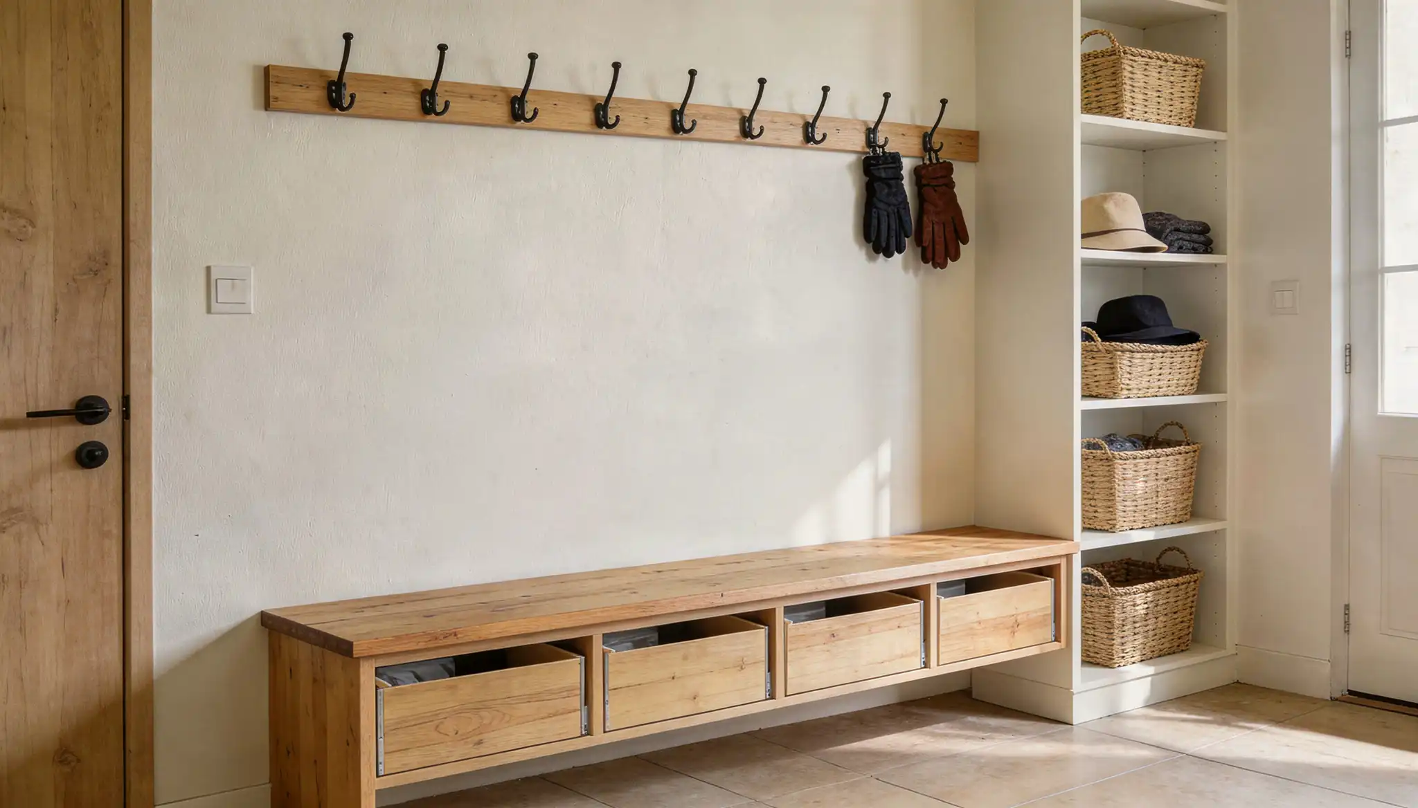 A modern entryway featuring a light wood storage bench with drawers, a matching wooden coat rack with hanging gloves, and a tall white shelving unit filled with woven baskets and hats.