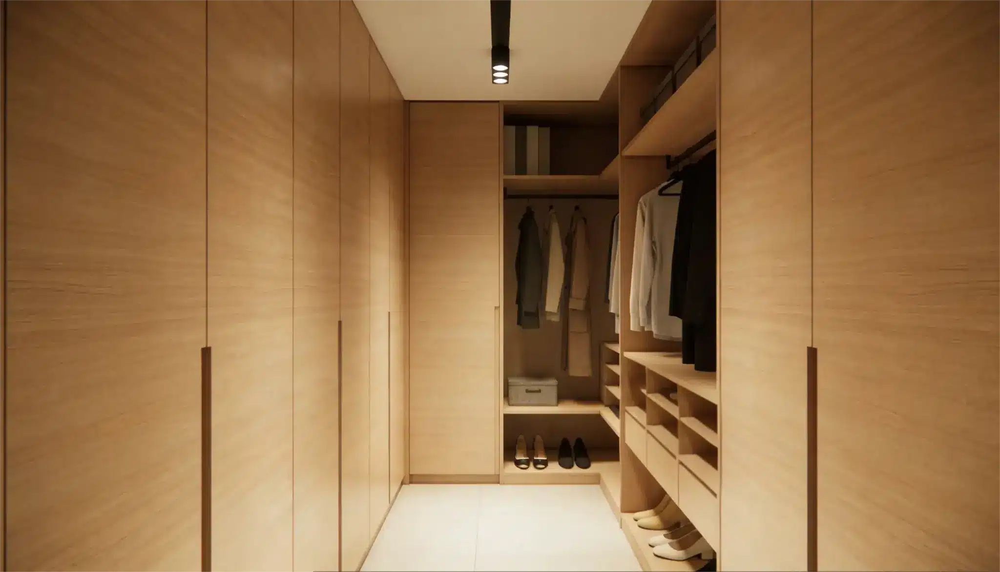 A modern walk-in closet with wooden panels, neatly organized clothing, and shoes. Soft lighting creates a warm and orderly atmosphere
