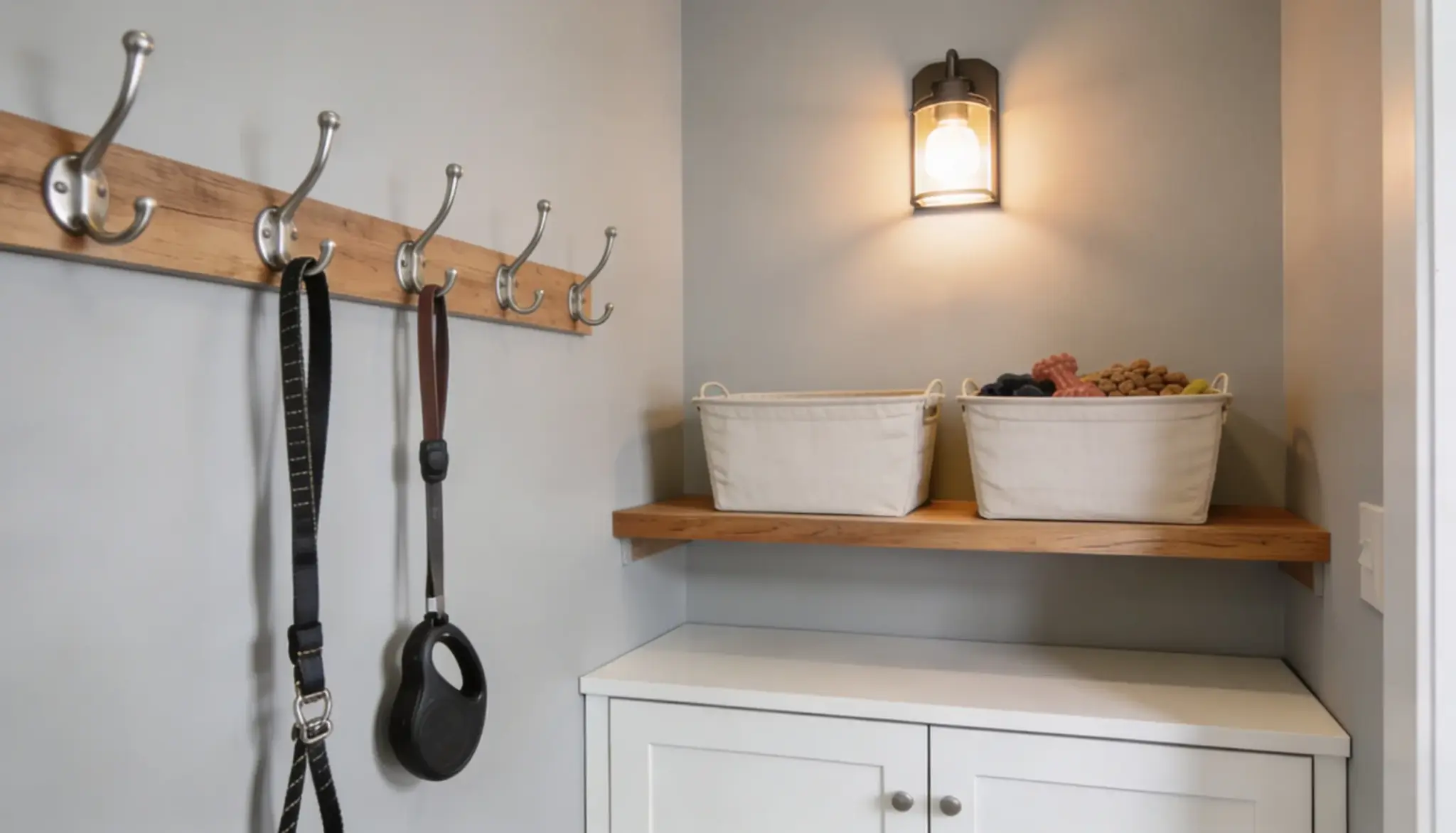 A neat entryway or mudroom corner featuring a wooden leash rack with hanging leashes, a floating wood shelf holding two canvas bins of dog toys, and an illuminated wall sconce above a cabinet