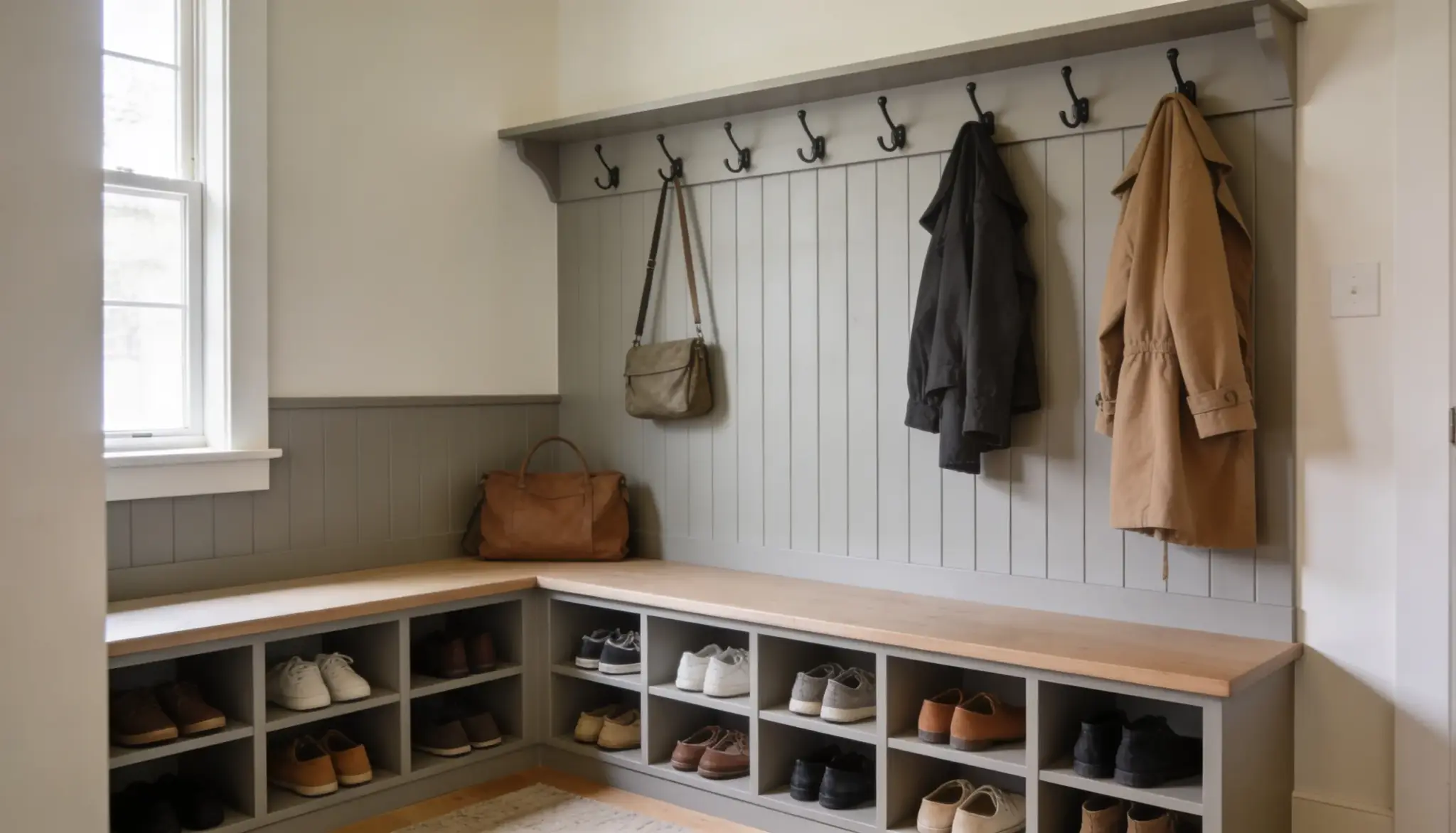 A neatly organized mudroom features built-in gray wainscoting, a light wood bench seat, open cubbies filled with shoes, and black coat hooks holding two jackets and a shoulder bag