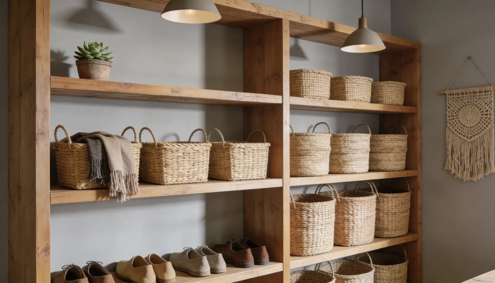 A rustic wooden shelving unit filled with woven baskets, light-colored shoes, a potted succulent, and illuminated by two hanging pendant lights, with a macrame wall hanging on the right