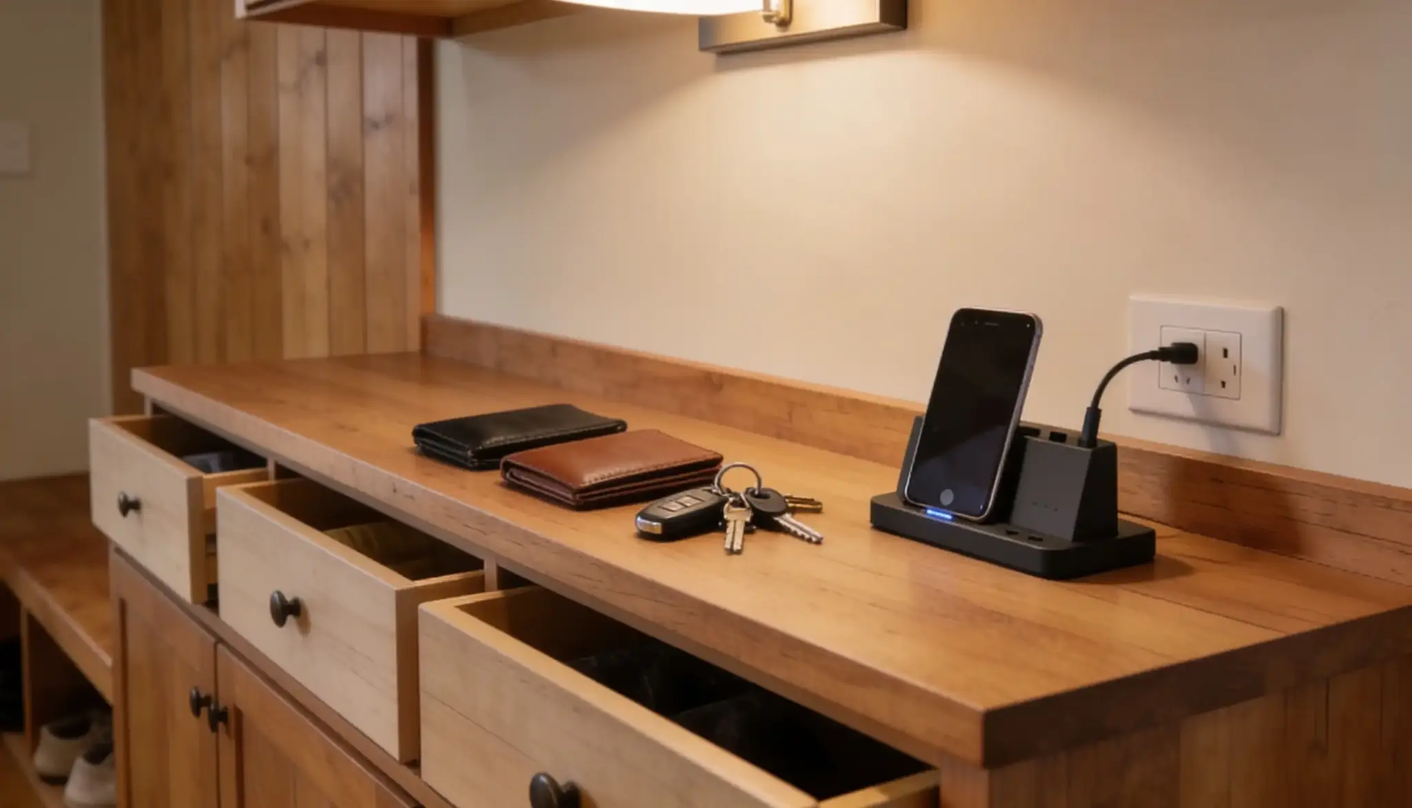 A smartphone charging on a station next to wallets and keys on a wooden entryway table with open drawers beneath